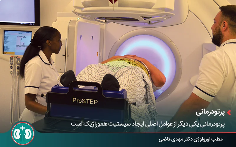 Image of a man receiving external pelvic radiation therapy