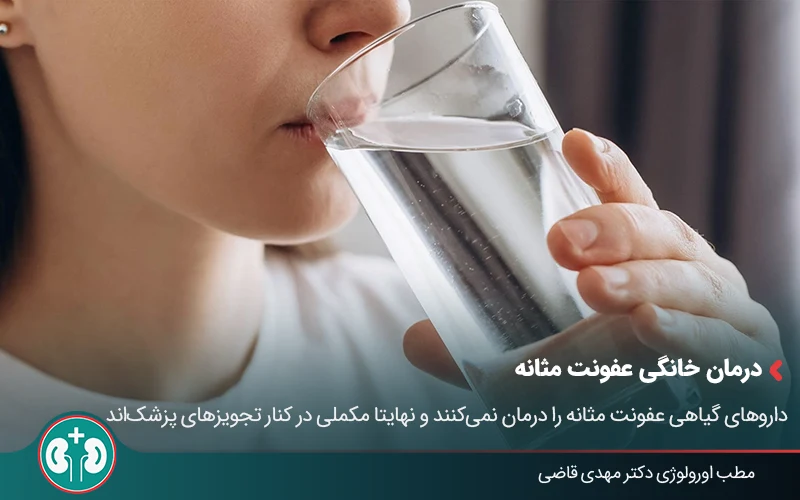 زنی در حال نوشیدن یک لیوان آب، به عنوان یکی از مهمترین روشهای پیشگیری و درمان خانگی عفونت مثانه